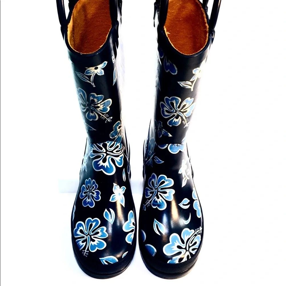 Lands' End Kids Black and Blue Floral Rain Boots